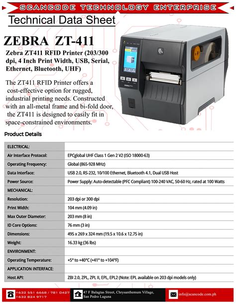 zt411 zebra printer specifications